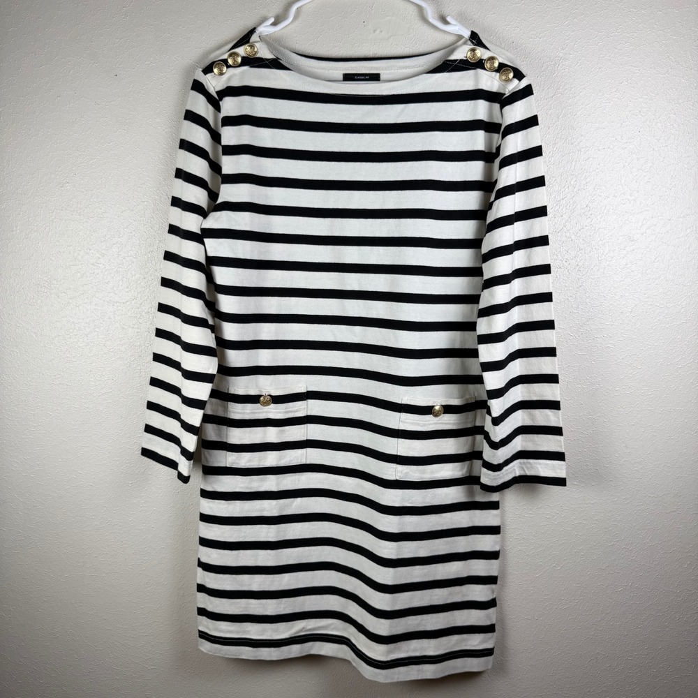 J.Crew Women Black Ivory Striped Cotton Knit Mini Dress Gold Button Small